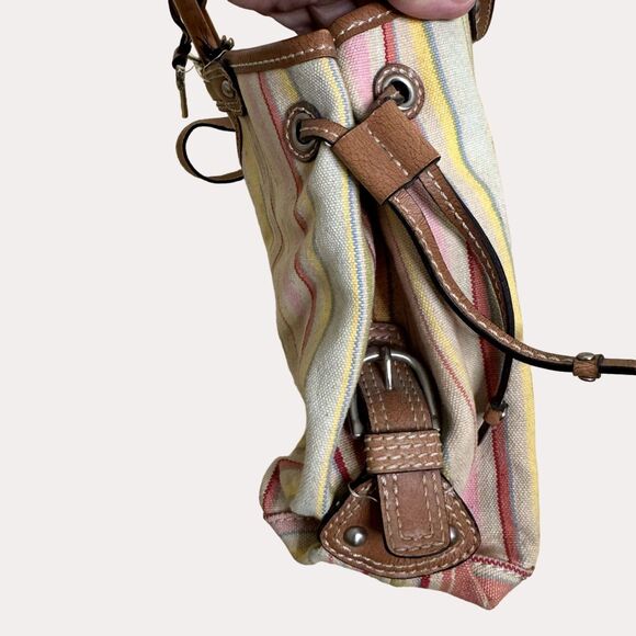 Fossil Canvas Leather Wood Satchel Purse Bag Double Handle Stripe bv - Picture 5 of 11